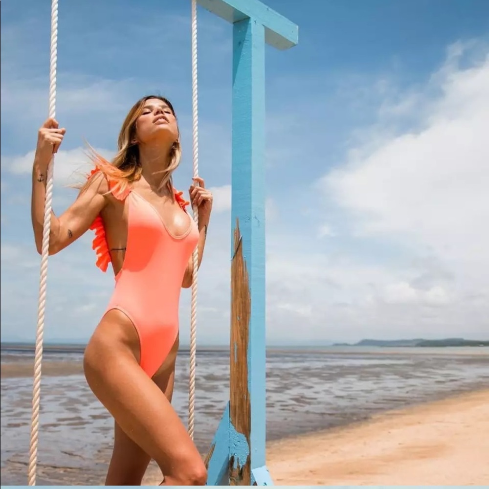 LAST ONE Coral Ruffle One Piece Open Back Swimsuit - Picture 2 of 6